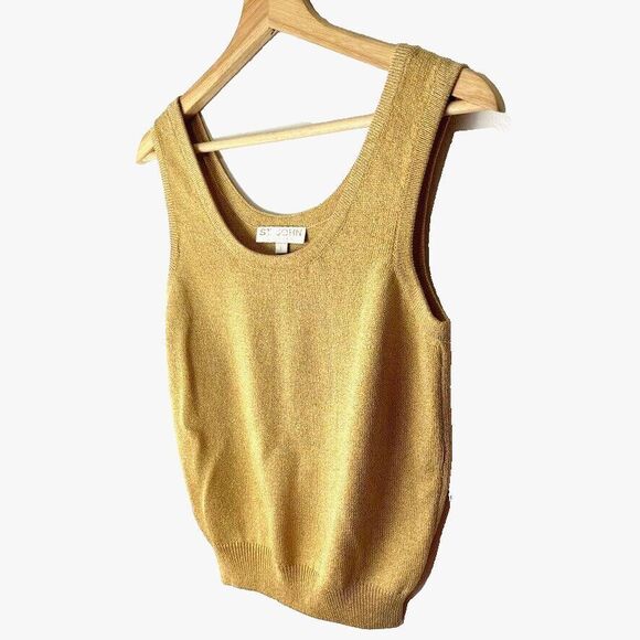 St. John Gold Metallic Top Sz S Santana Knit Tank Sleeveless Scoop Neck Party - Picture 7 of 8